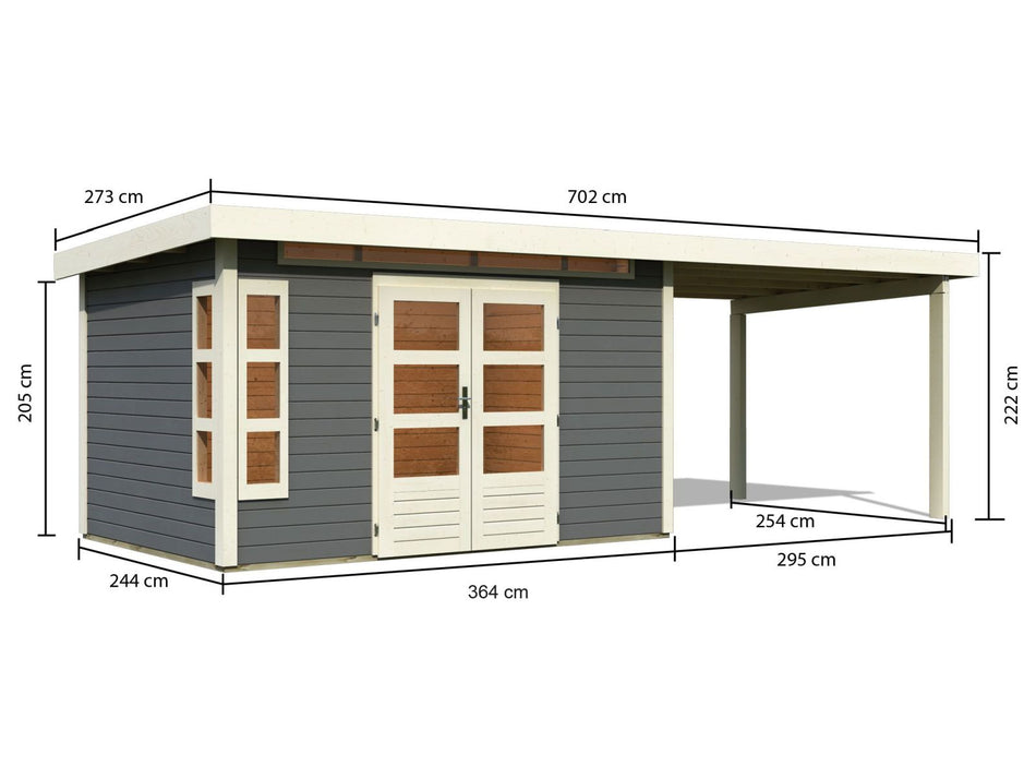 Karibu Gartenhaus Kastorf 7 - terragrau mit Anbaudach 3,2 m
