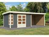 Karibu Gartenhaus Kastorf 7 - terragrau mit Anbaudach 3,2 m und 28 mm Seiten- und Rückwand