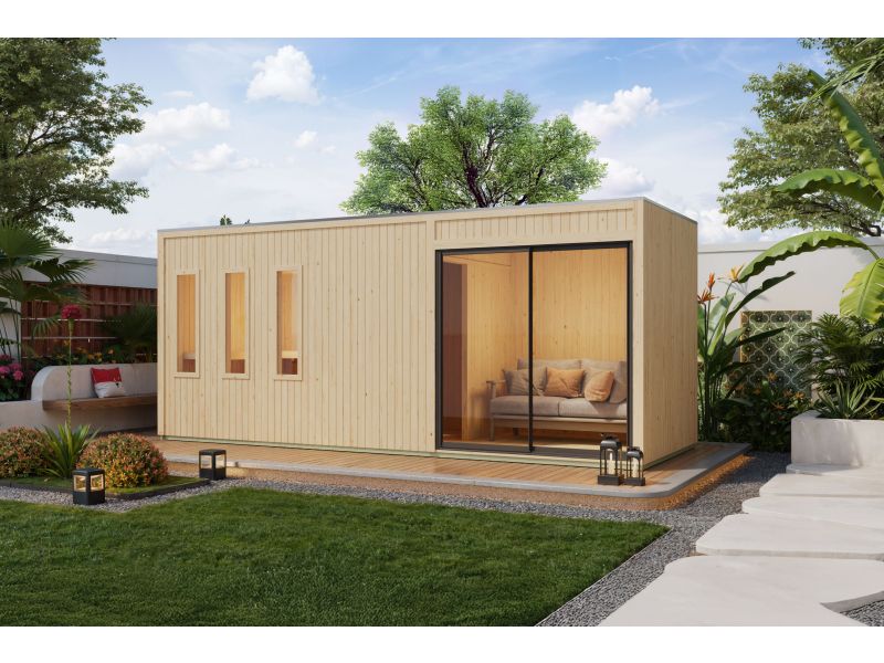 Karibu Saunahaus Monterey, natur, inkl. 9 kW Ofen ext. Steuerung, mit Séparée im Vorraum, 73 mm