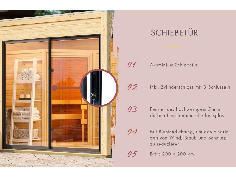 Karibu Saunahaus Monterey, natur, inkl. 9 kW Bioofen ext. Steuerung, mit Séparée im Vorraum, 73 mm