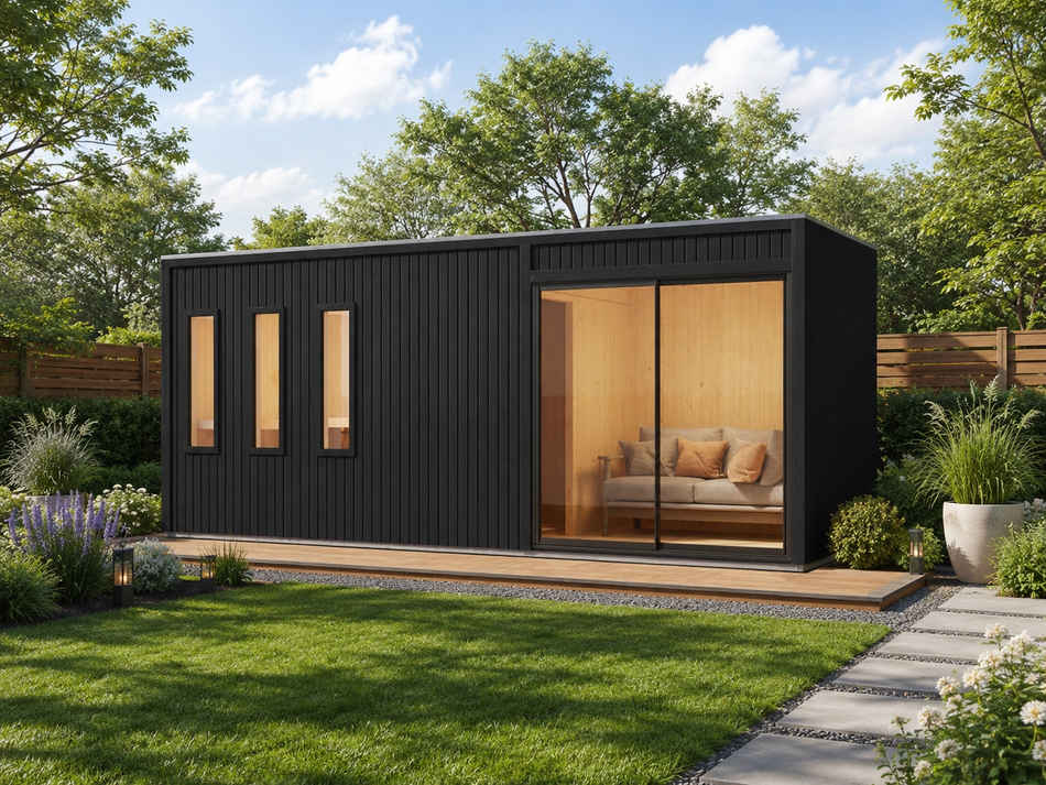 Karibu Saunahaus Monterey, schwarz, inkl. 9 kW Ofen ext. Steuerung, mit Séparée im Vorraum, 73 mm