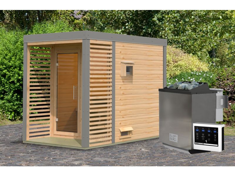 Karibu Hybrid Saunahaus Ares 1, naturbelassen/graualuminium, inkl. 9 kW Bioofen ext. Steuerung