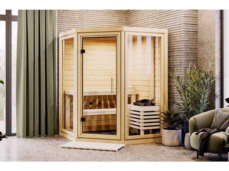 Karibu Sauna Yuma, inkl. 9 kW Ofen ext. Steuerung, mit Klarglas Ganzglastür