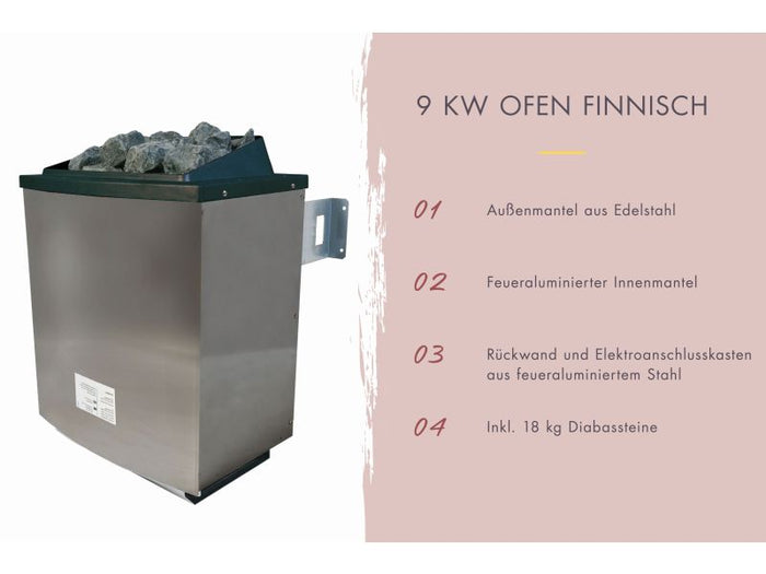 Karibu Sauna Yuma, inkl. 9 kW Ofen ext. Steuerung, mit Klarglas Ganzglastür
