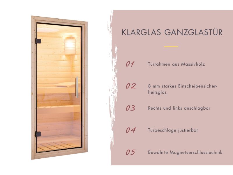 Karibu Sauna Yuma, inkl. 9 kW Bioofen ext. Steuerung, mit Klarglas Ganzglastür