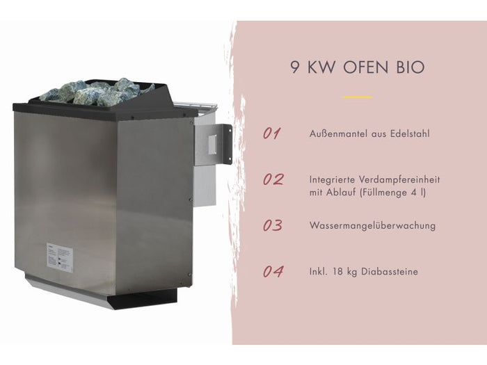 Karibu Sauna Yuma, inkl. 9 kW Bioofen ext. Steuerung, mit Klarglas Ganzglastür