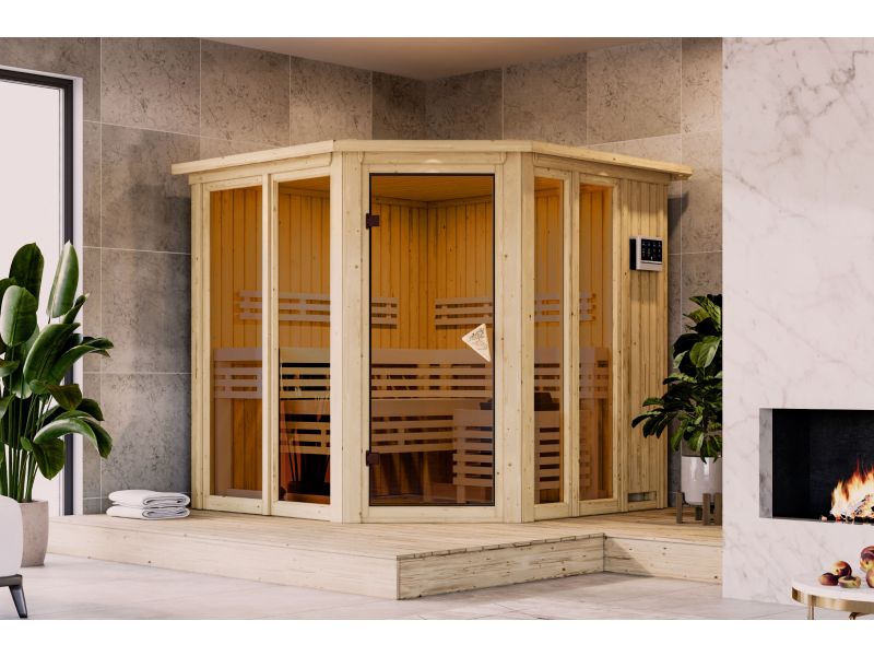 Karibu Sauna Airi, inkl. 9 kW Bioofen ext. Steuerung - mit Dachkranz -