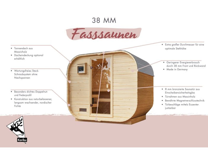 Karibu Fasssauna Quadro 1 Plus,38 mm, inkl. 9 kW Bioofen ext. Steuerung