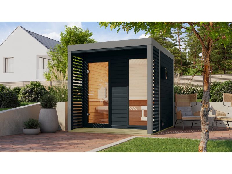 Karibu Hybrid Saunahaus Ares 2, anthrazit/graualuminium, inkl. 9 kW Ofen ext. Steuerung
