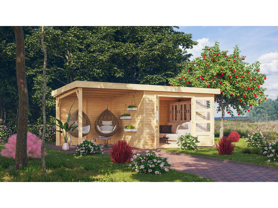 Karibu Gartenhaus Kerko 6 natur mit 2,40 m Anbaudach inkl. Rückwand