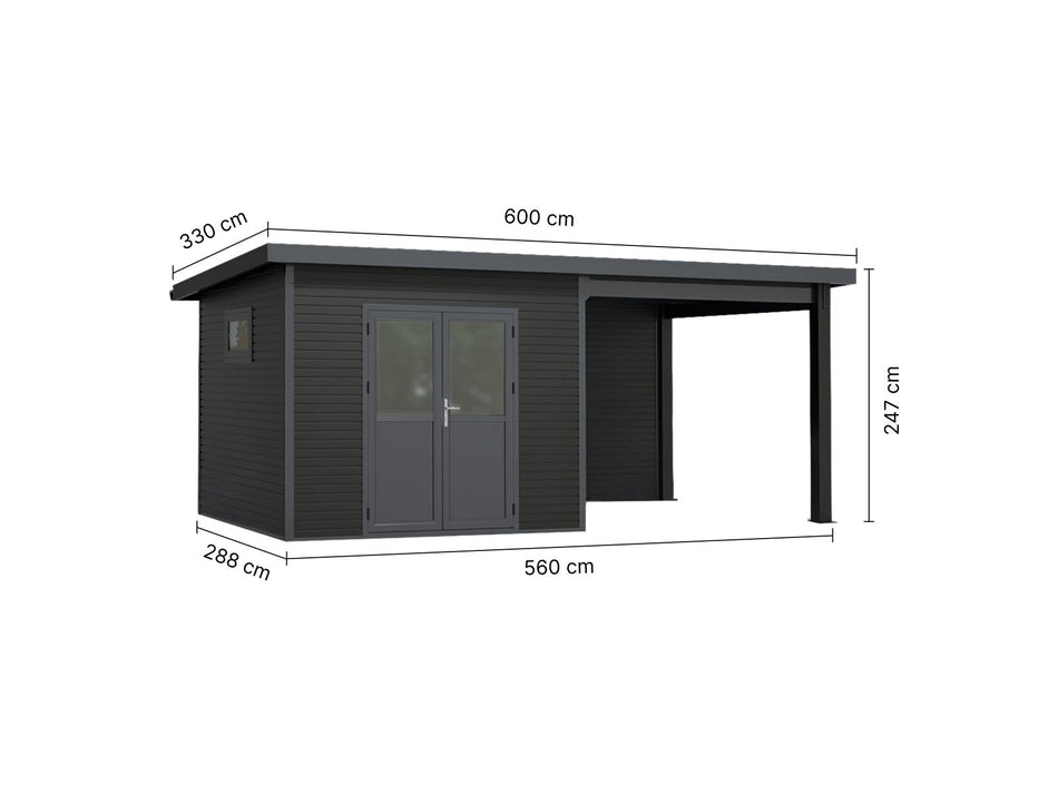 Linholm WPC Gartenhaus Linia 5628 mit Anbaudach und Rückwand, inkl. Dachrinnen-Set, Anthrazit