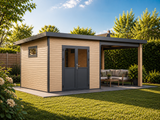 Linholm WPC Gartenhaus Linia 5228 mit Anbaudach und Rückwand, inkl. Dachrinnen-Set, Natur-Beige/Anthrazit