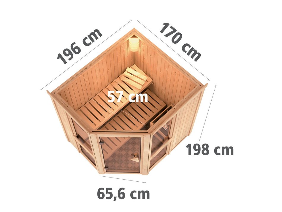 Amelia 1 - Karibu Sauna inkl. 9 kW Bioofen ext. Steuerung Wifi HUUM - ohne Dachkranz -