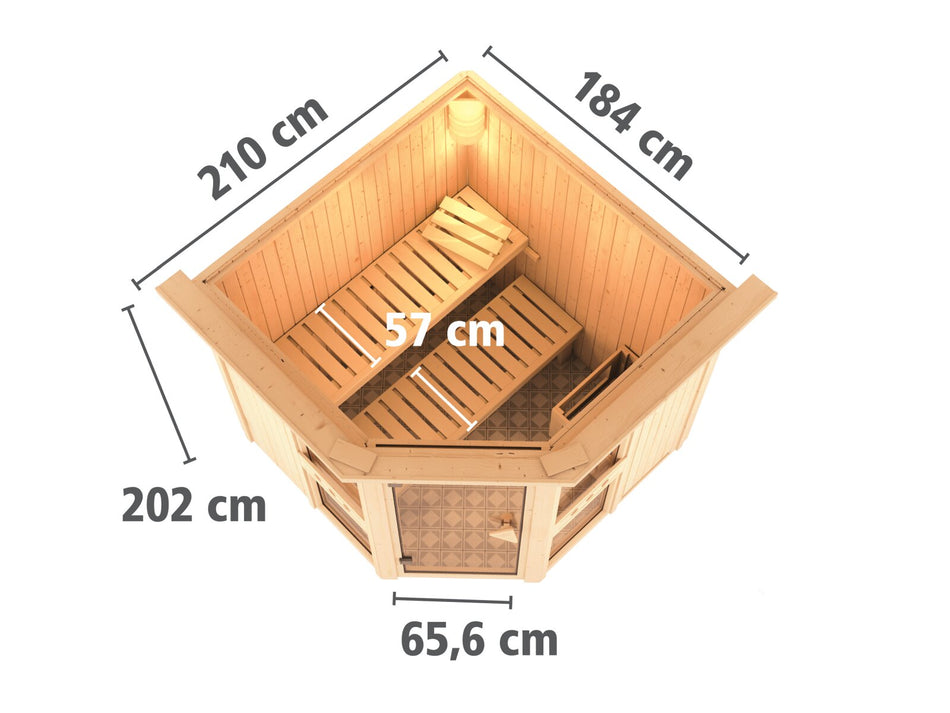 Amelia 1 - Karibu Sauna, inkl. 9 kW Bioofen ext. Steuerung Wifi HUUM - mit Dachkranz -