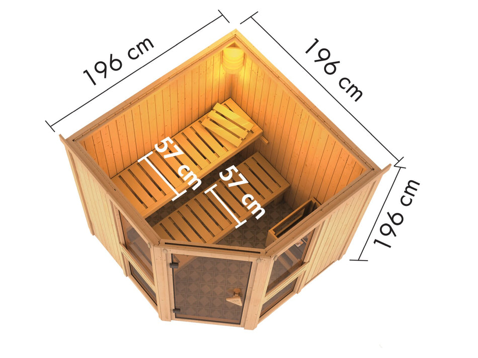 Amelia 2 - Karibu Sauna, inkl. 9 kW Ofen mit ext. Steuerung Wifi HUUM - ohne Dachkranz -