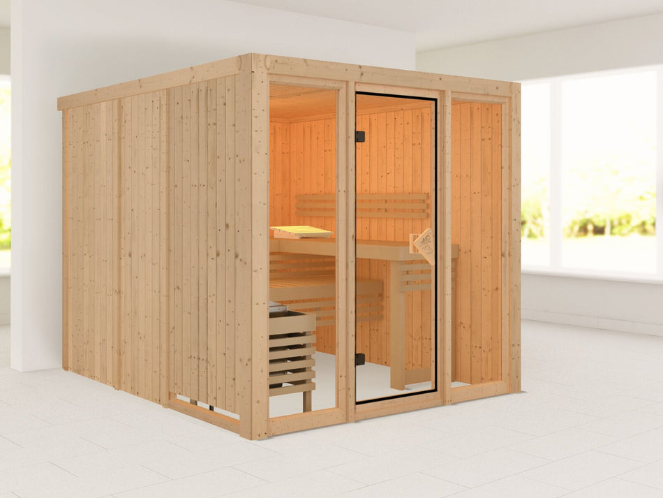 Karibu Sauna Askja 68 mm, inkl. 9 kW Bioofen ext. Steuerung Wifi HUUM - ohne Dachkranz -