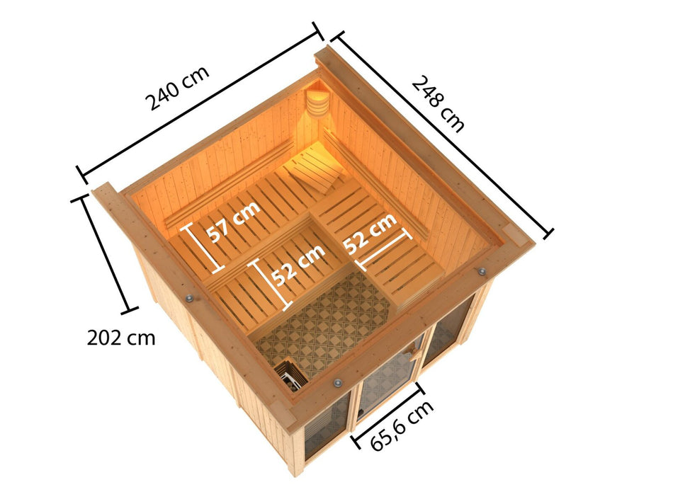 Karibu Sauna Askja 68 mm, inkl. 9 kW Ofen ext. Seuerung Wifi HUUM - mit Dachkranz -