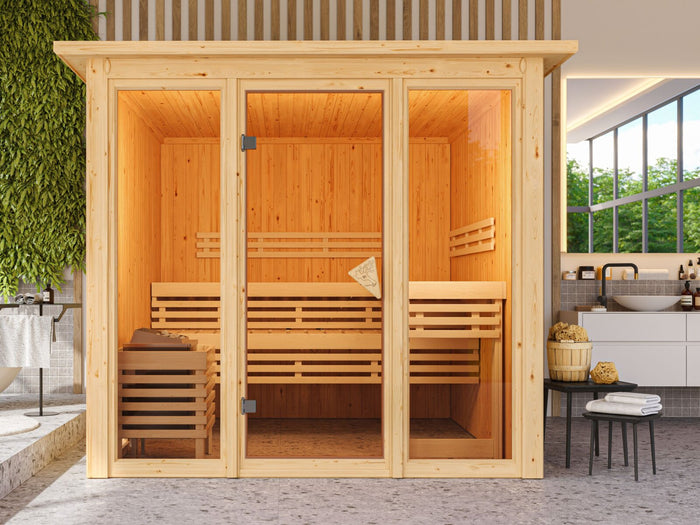 Karibu Sauna Askja 68 mm, inkl. 9 kW Bioofen ext. Seuerung Wifi HUUM - mit Dachkranz -