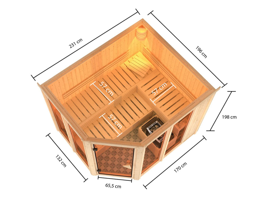 Karibu Sauna Ainur 3, 68 mm, inkl. 9 kW Ofen ext. Steuerung Wifi HUUM - ohne Dachkranz -