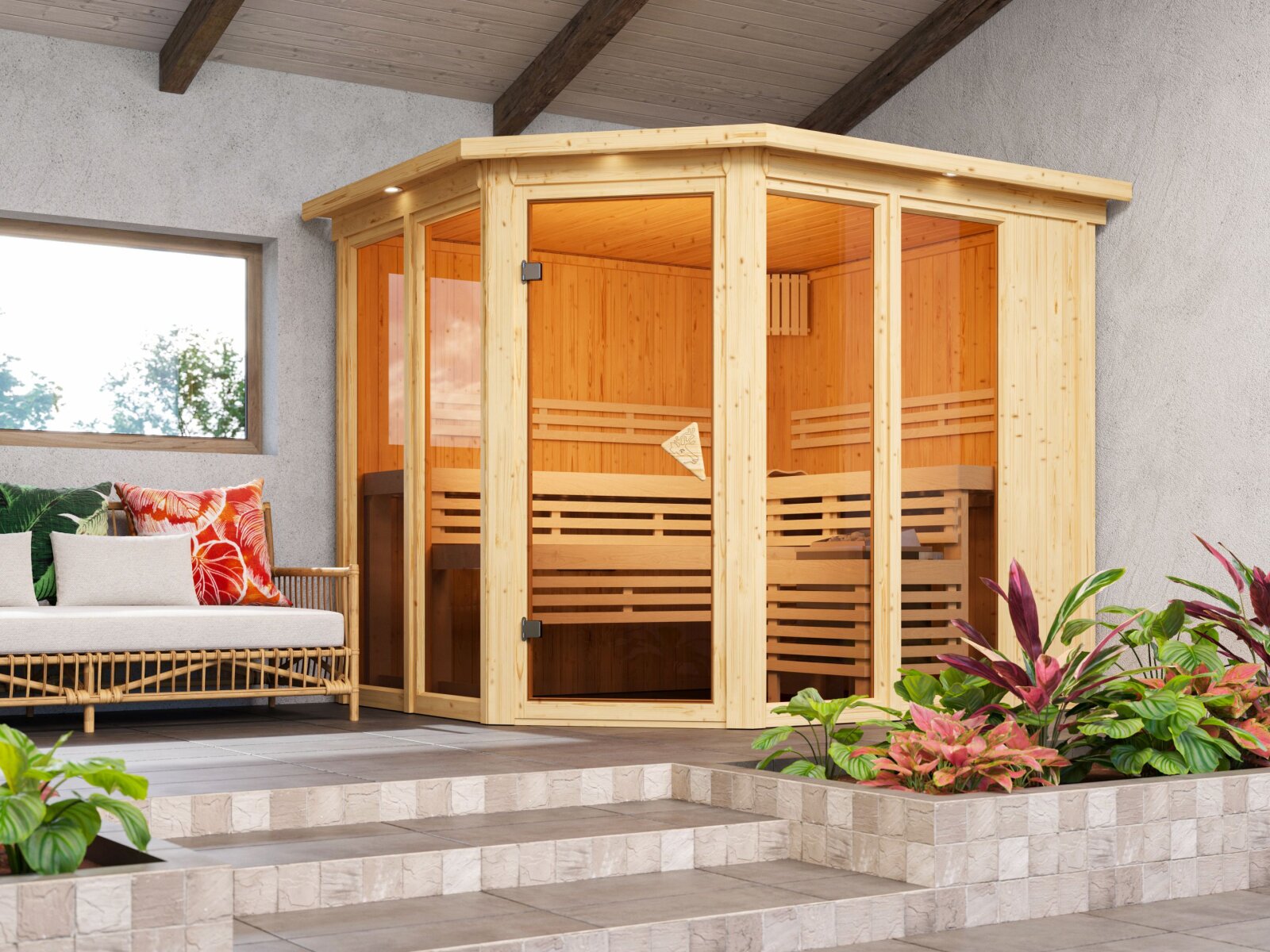 Karibu Sauna Ainur 3, 68 mm, inkl. 9 kW Bioofen ext. Steuerung Wifi HUUM - mit Dachkranz -