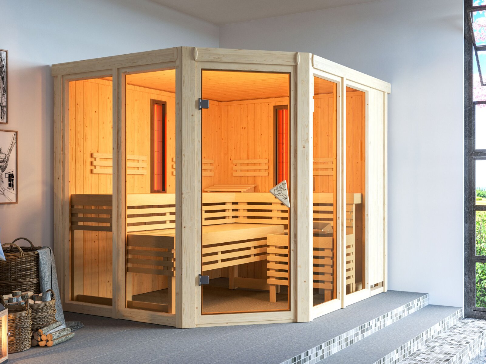 Karibu Multifunktions-Sauna Ava, inkl. 9 kW Bioofen, ext. Steuerung Wifi HUUM und Infrarotstrahler