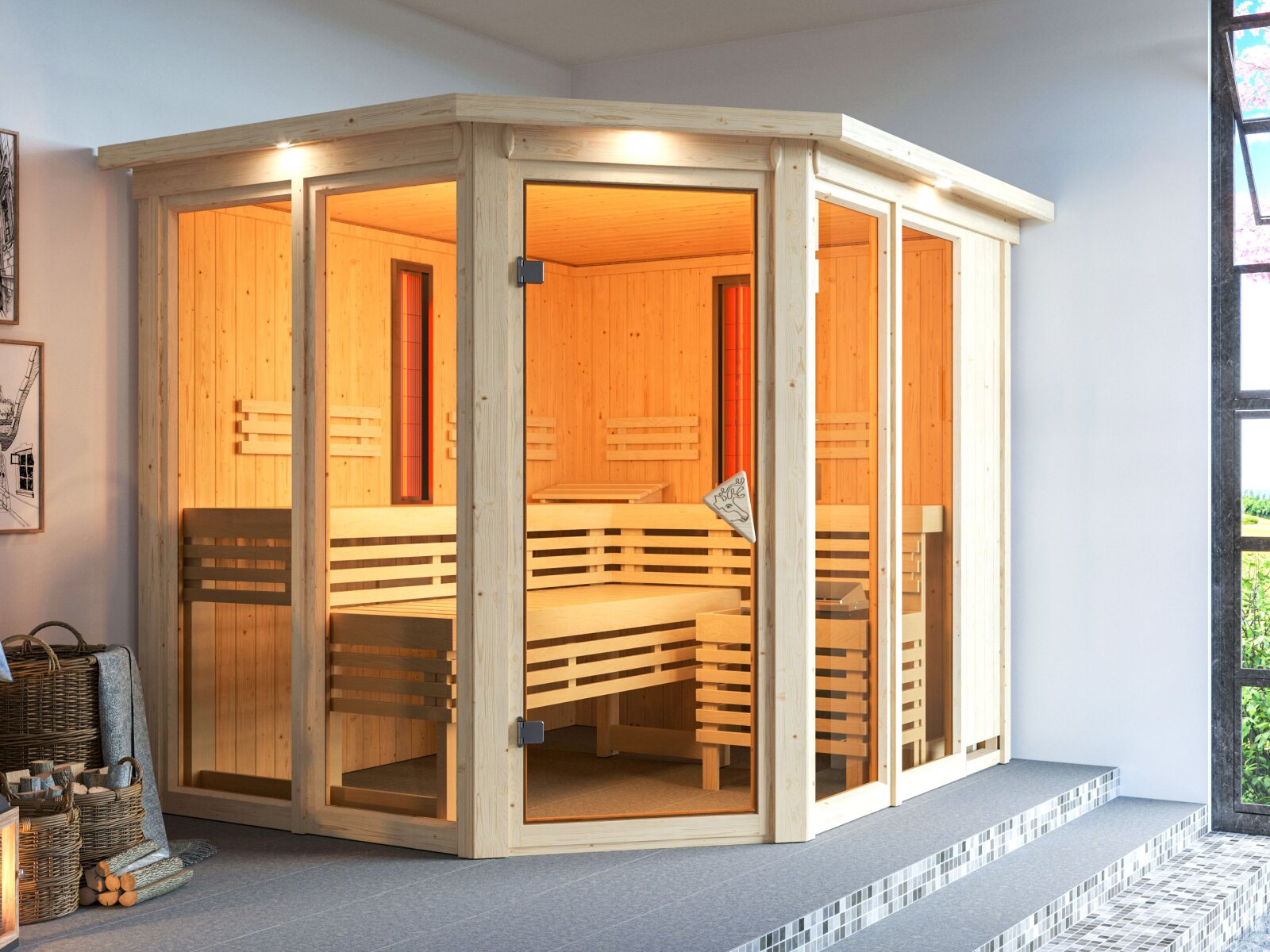 Karibu Multifunktions-Sauna Ava, inkl. 9 kW Ofen ext. Steuerung Wifi HUUM und Infrarothstrahler - mit Dachkranz -