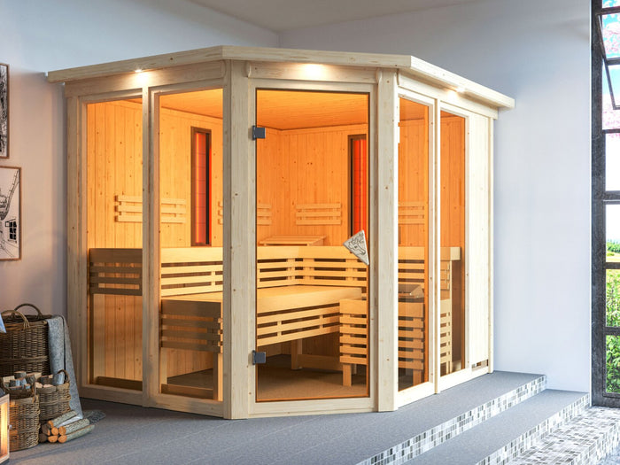 Karibu Multifunktions-Sauna Ava, inkl. 9 kW Bioofen ext. Steuerung Wifi HUUM und Infrarothstrahler - mit Dachkranz -