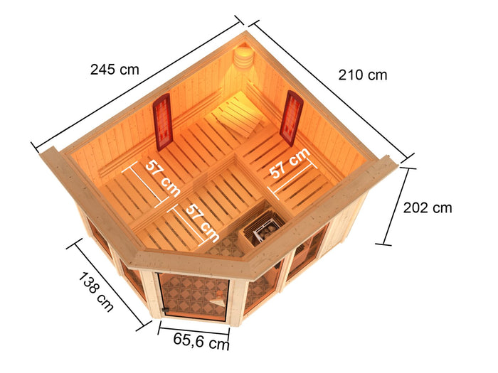 Karibu Multifunktions-Sauna Ava, inkl. 9 kW Bioofen ext. Steuerung Wifi HUUM und Infrarothstrahler - mit Dachkranz -