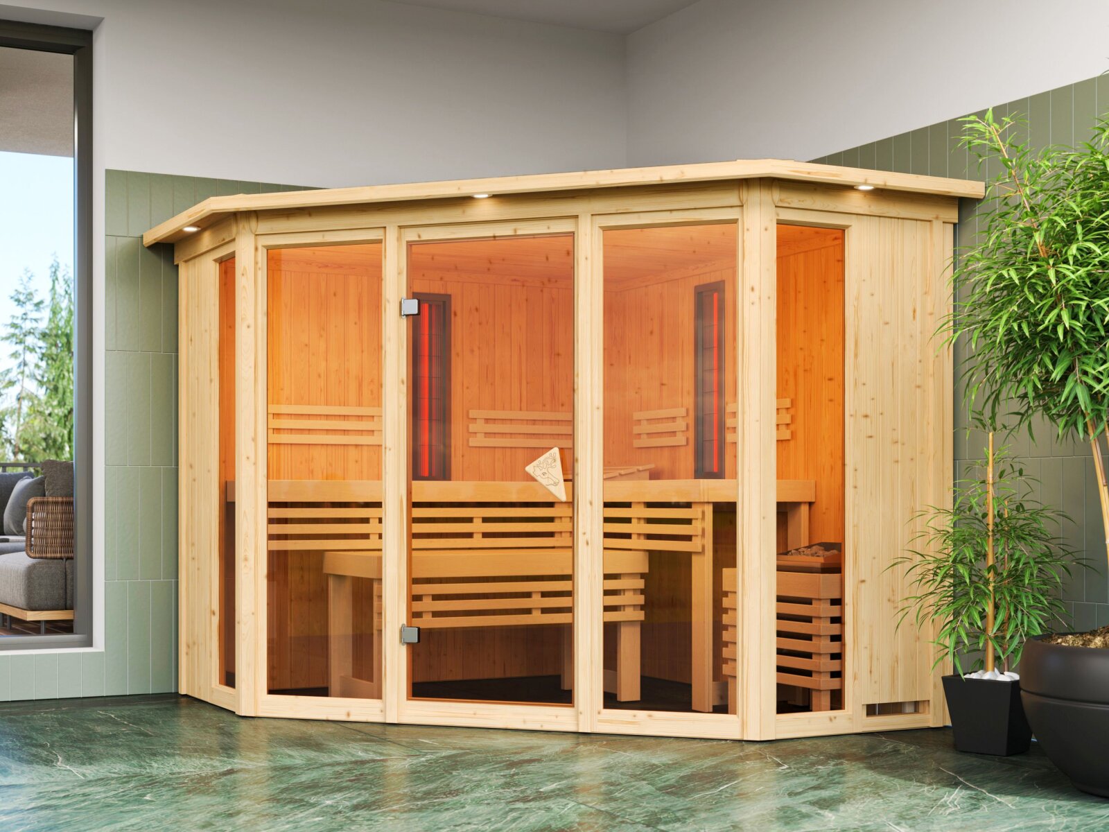 Karibu Multifunktions-Sauna Asta, inkl 9 kW Ofen ext. Steuerung Wifi HUUM und Infrarotstrahler - mit Dachkranz -