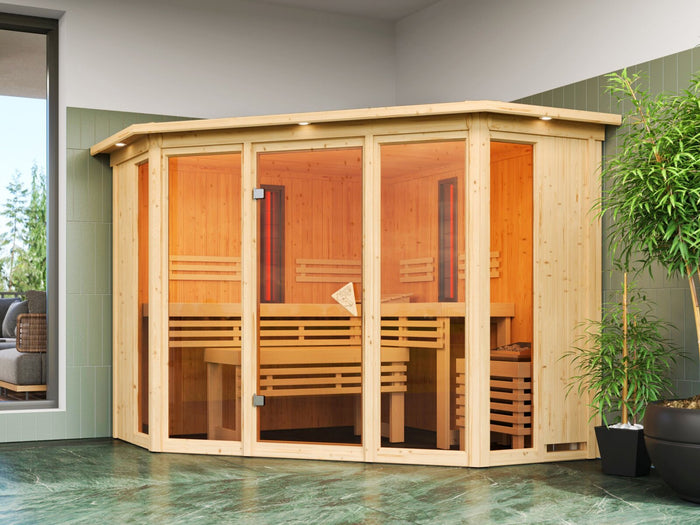 Karibu Multifunktions-Sauna Asta, inkl 9 kW Ofen ext. Steuerung Wifi HUUM und Infrarotstrahler - mit Dachkranz -