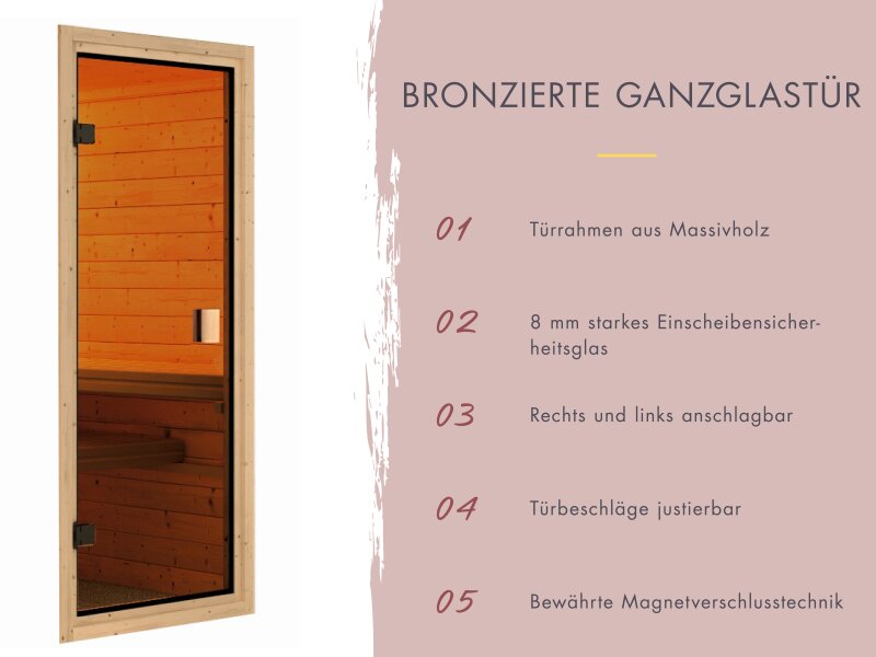 Karibu Multifunktions-Sauna Asta, inkl 9 kW Ofen ext. Steuerung Wifi HUUM und Infrarotstrahler - mit Dachkranz -