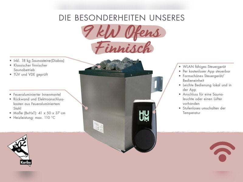 Karibu Multifunktions-Sauna Asta, inkl 9 kW Ofen ext. Steuerung Wifi HUUM und Infrarotstrahler - mit Dachkranz -