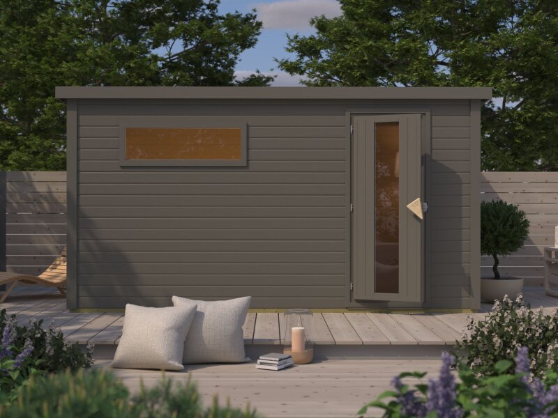 Karibu Saunahaus Hytti 6, inkl. 9 kW Bioofen ext. Steuerung HUUM -mit Iso-Tür- Terragrau