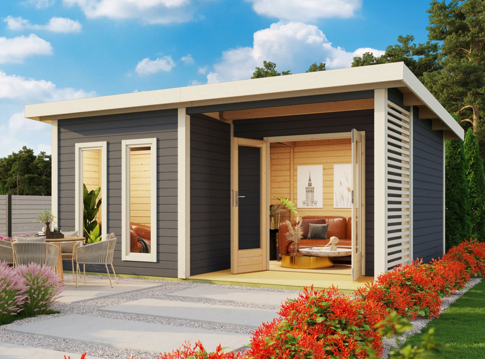 Karibu Saunahaus Mainburg 5 Set A terragrau, inkl. 9 kW Ofen ext. Steuerung HUUM