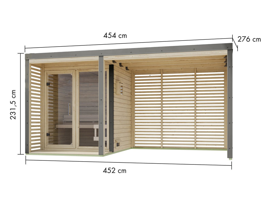 Karibu Hybrid Saunahaus Ares 1, mit Anbaudach in naturbelassen/graualuminium, inkl. 9 kW Bioofen ext. Steuerung easy