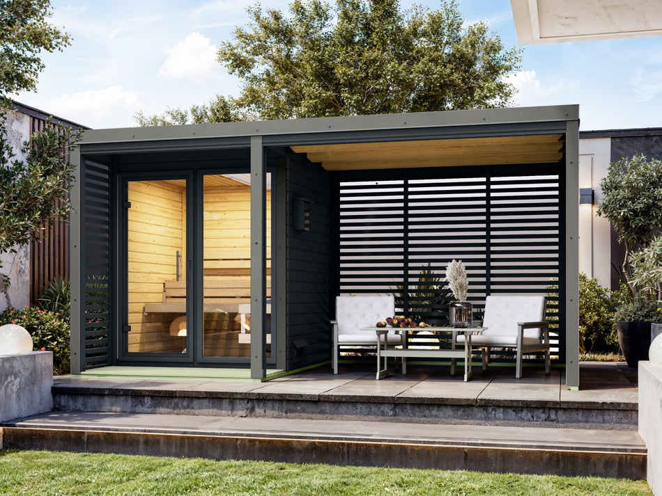 Karibu Hybrid Saunahaus Ares 1, mit Anbaudach in anthrazit/graualuminium, inkl. 9 kW Ofen ext. Steuerung Wifi HUUM