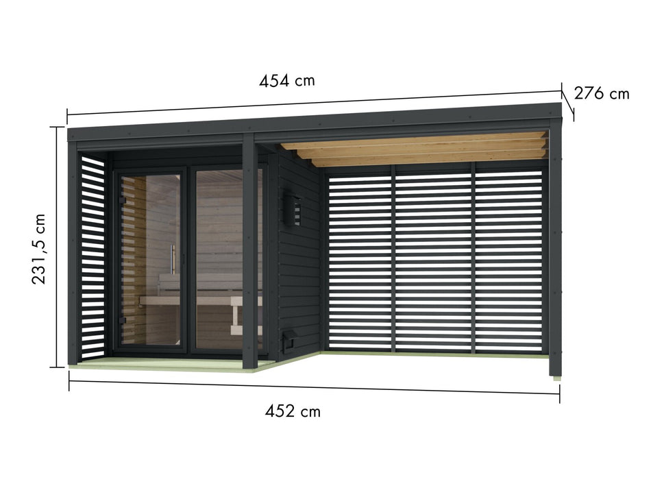 Karibu Hybrid Saunahaus Ares 1, mit Anbaudach in anthrazit/anthrazit, inkl. 9 kW Ofen ext. Steuerung Wifi HUUM