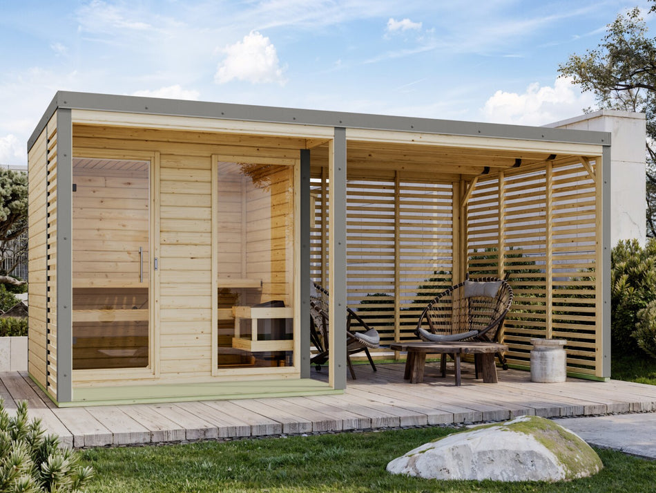 Karibu Hybrid Saunahaus Ares 2, inkl. Anbaudach in naturbelassen/graualuminium -ohne Ofen-