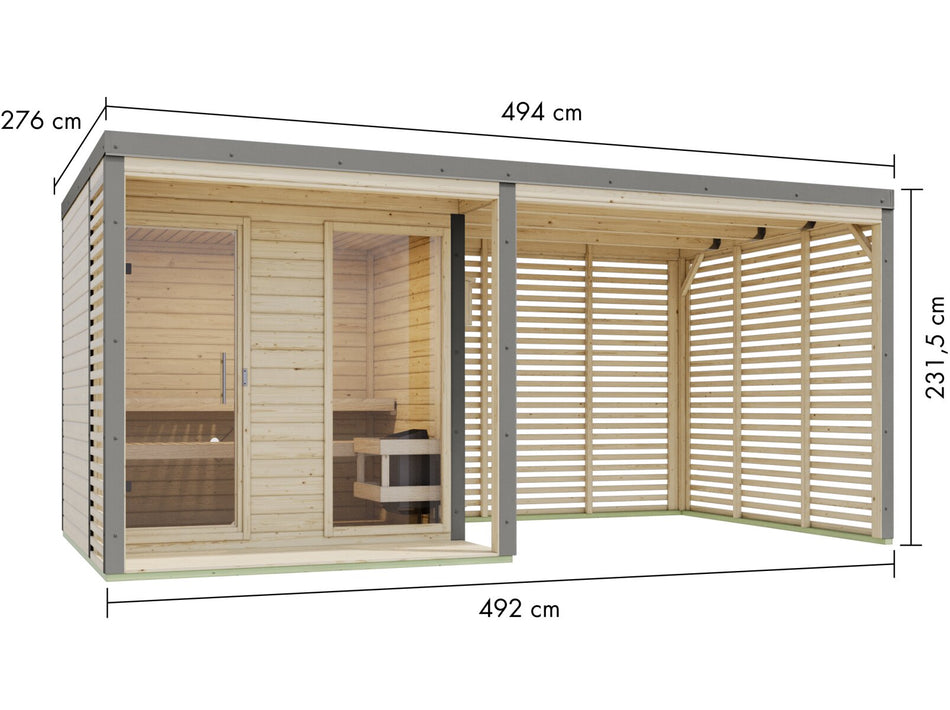 Karibu Hybrid Saunahaus Ares 2, inkl. Anbaudach in naturbelassen/graualuminium, inkl. 9 kW Bioofen ext. Steuerung easy