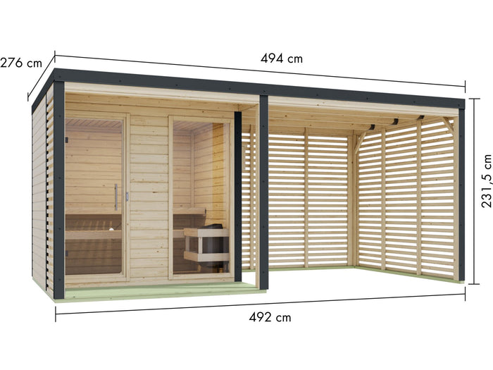 Karibu Hybrid Saunahaus Ares 2, inkl. Anbaudach in naturbelassen/anthrazit, inkl. 9 kW Bioofen ext. Steuerung Wifi HUUM