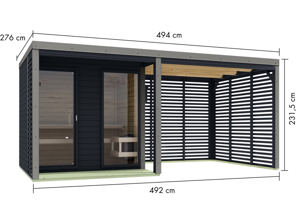 Karibu Hybrid Saunahaus Ares 2, inkl. Anbaudach in anthrazit/graualuminium, inkl. 9 kW Ofen ext. Steuerung easy