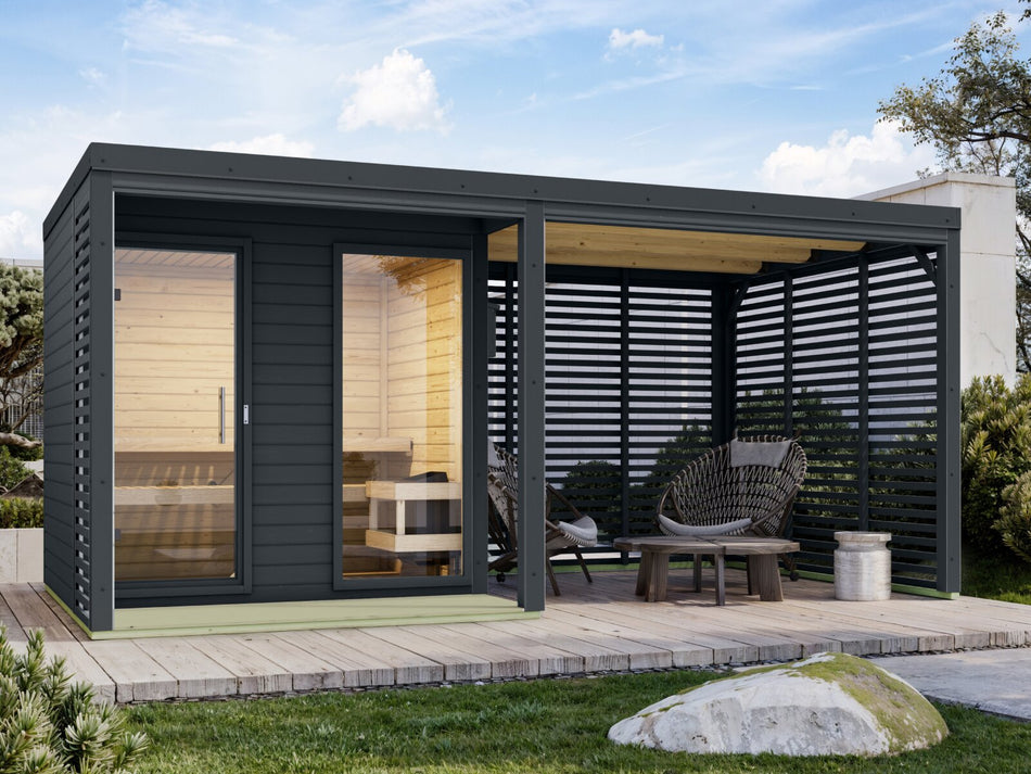 Karibu Hybrid Saunahaus Ares 2, inkl. Anbaudach in anthrazit/anthrazit, inkl. 9 kW Ofen ext. Steuerung Wifi HUUM