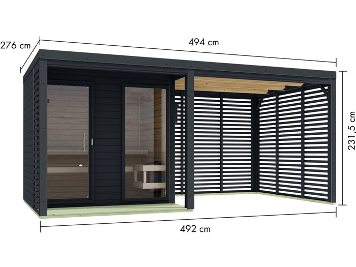 Karibu Hybrid Saunahaus Ares 2, inkl. Anbaudach in anthrazit/anthrazit, inkl. 9 kW Ofen ext. Steuerung Wifi HUUM