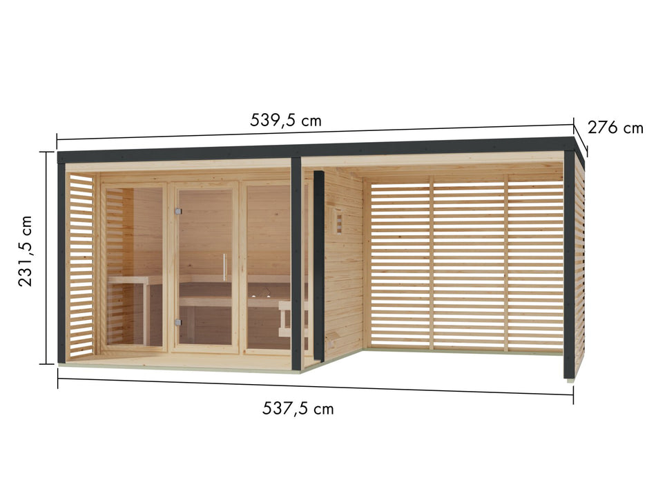 Karibu Hybrid Saunahaus Ares 3, inkl. Anbaudach in naturbelassen/anthrazit, inkl. 9 kW Ofen ext. Steuerung Wifi HUUM
