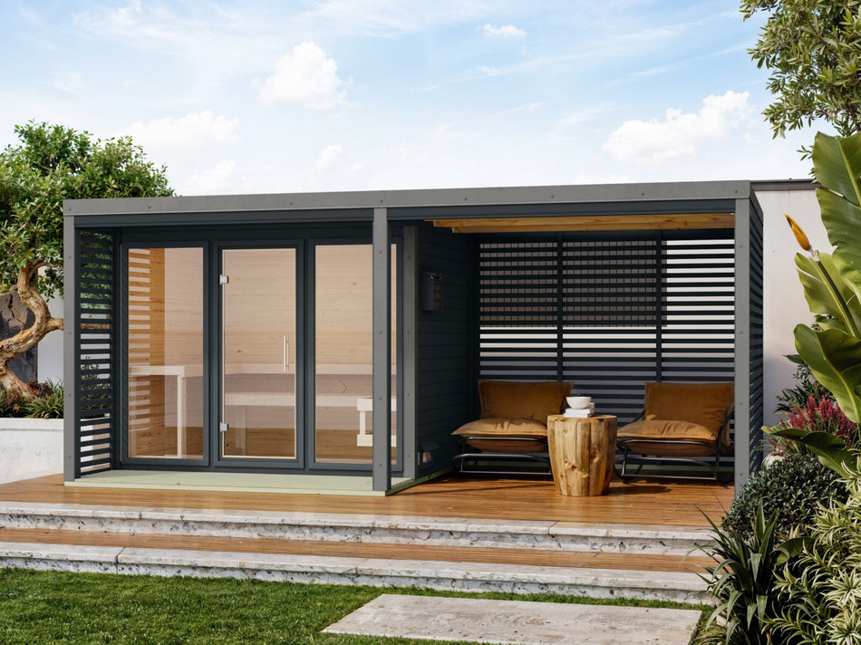 Karibu Hybrid Saunahaus Ares 3, inkl. Anbaudach in anthrazit/graualuminium, inkl. 9 kW Bioofen ext. Steuerung easy