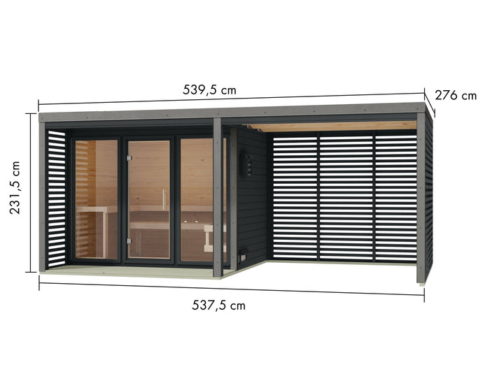 Karibu Hybrid Saunahaus Ares 3, inkl. Anbaudach in anthrazit/graualuminium, inkl. 9 kW Bioofen ext. Steuerung Wifi HUUM