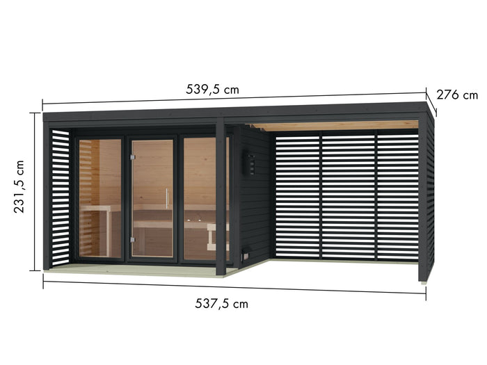Karibu Hybrid Saunahaus Ares 3, inkl. Anbaudach in anthrazit/anthrazit, inkl. 9 kW Bioofen ext. Steuerung easy
