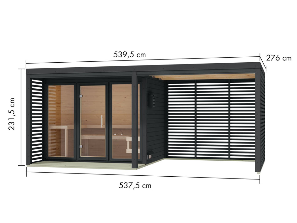 Karibu Hybrid Saunahaus Ares 3, inkl. Anbaudach in anthrazit/anthrazit, inkl. 9 kW Bioofen ext. Steuerung Wifi HUUM