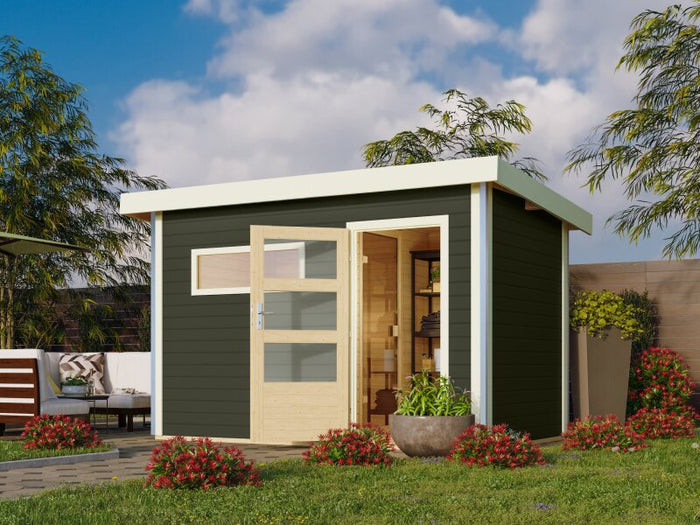 Karibu Saunahaus Skrollan 1 38 mm- 9 kW Bioofen ext. Steuerung HUUM- Moderne Tür, Terragrau