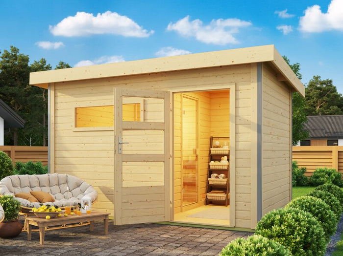 Karibu Saunahaus Skrollan 2, inkl.  9 kW Ofen ext. Steuerung HUUM, Moderne Tür